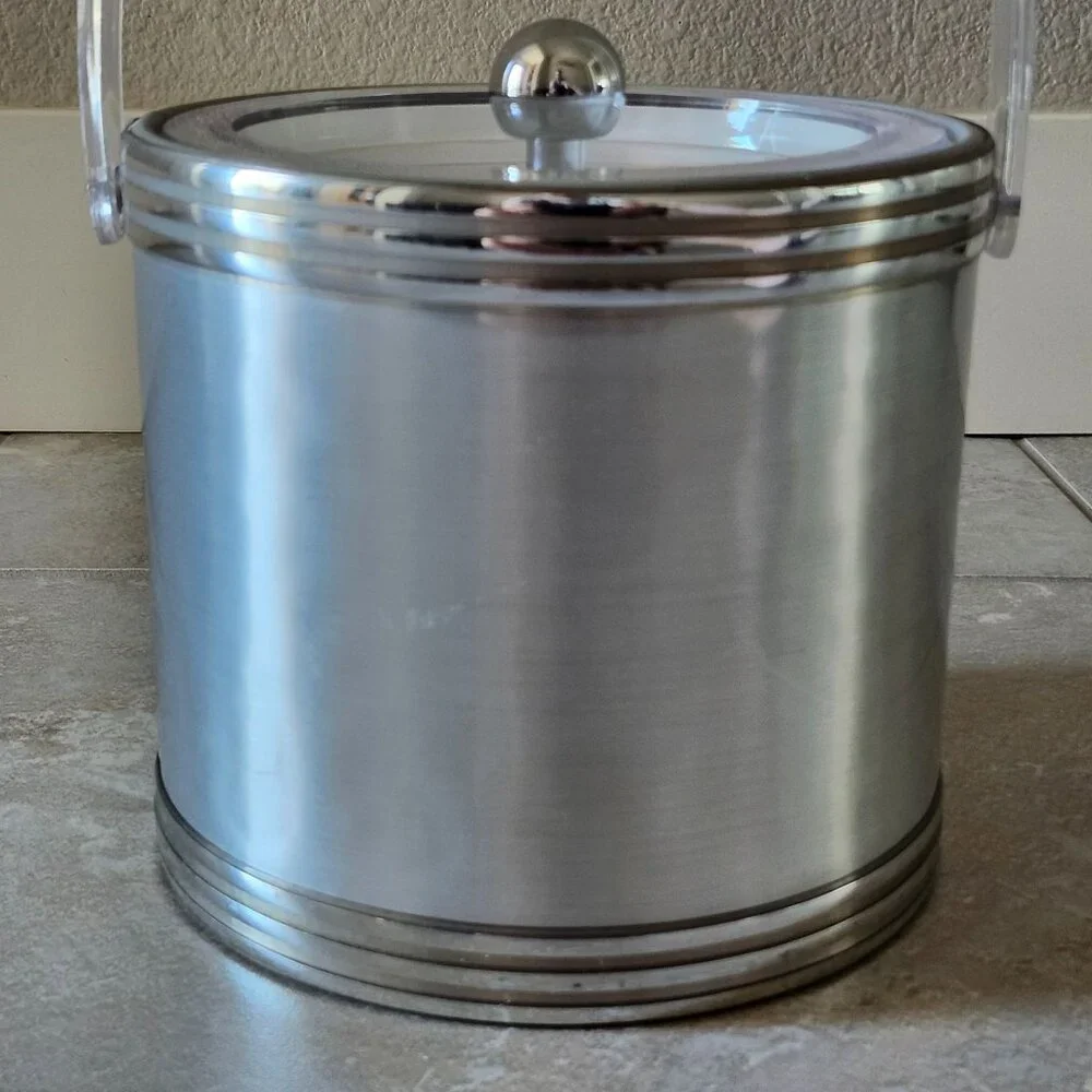 Vintage MCM Georges Briard Brushed Silver Tone Ice Bucket With Lid And Handle